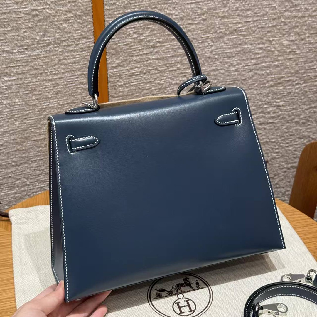 Hermes Kelly 25 Bag Handmade In Box Calfskin Leather Silver Hardware 7P Blue Presse - Image 2