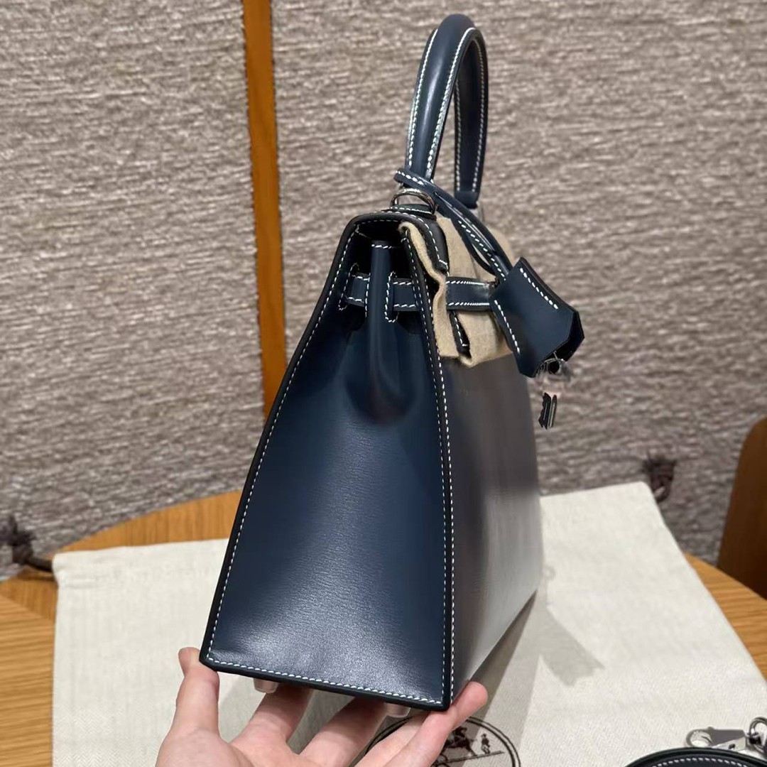 Hermes Kelly 25 Bag Handmade In Box Calfskin Leather Silver Hardware 7P Blue Presse - Image 21