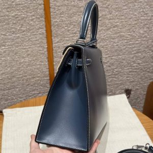 Hermes Kelly 25 Bag Handmade In Box Calfskin Leather Silver Hardware 7P Blue Presse - Image 20