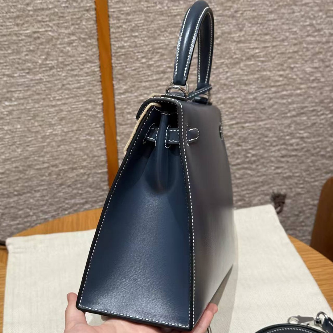 Hermes Kelly 25 Bag Handmade In Box Calfskin Leather Silver Hardware 7P Blue Presse - Image 20