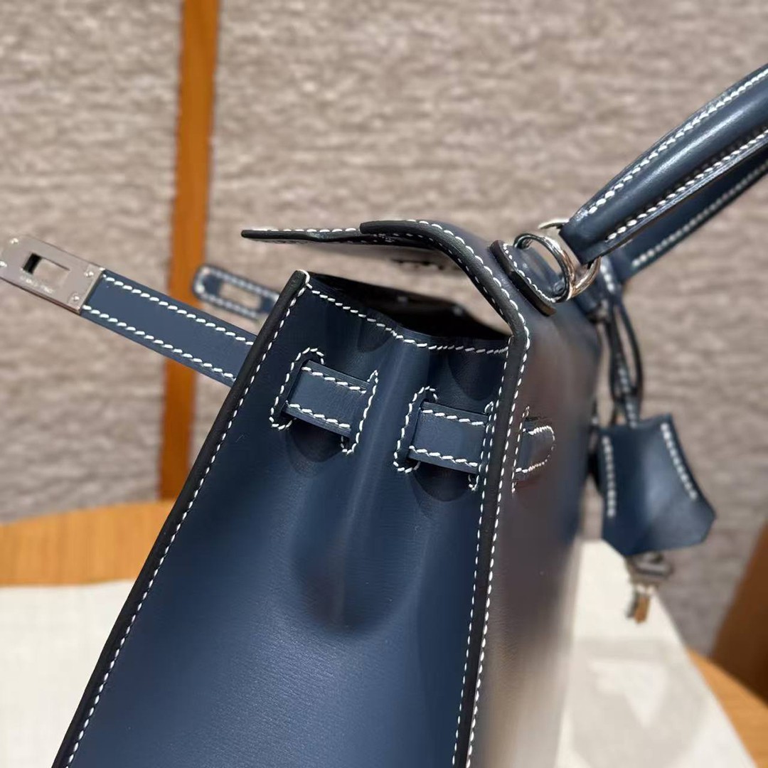 Hermes Kelly 25 Bag Handmade In Box Calfskin Leather Silver Hardware 7P Blue Presse - Image 18