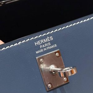 Hermes Kelly 25 Bag Handmade In Box Calfskin Leather Silver Hardware 7P Blue Presse - Image 17
