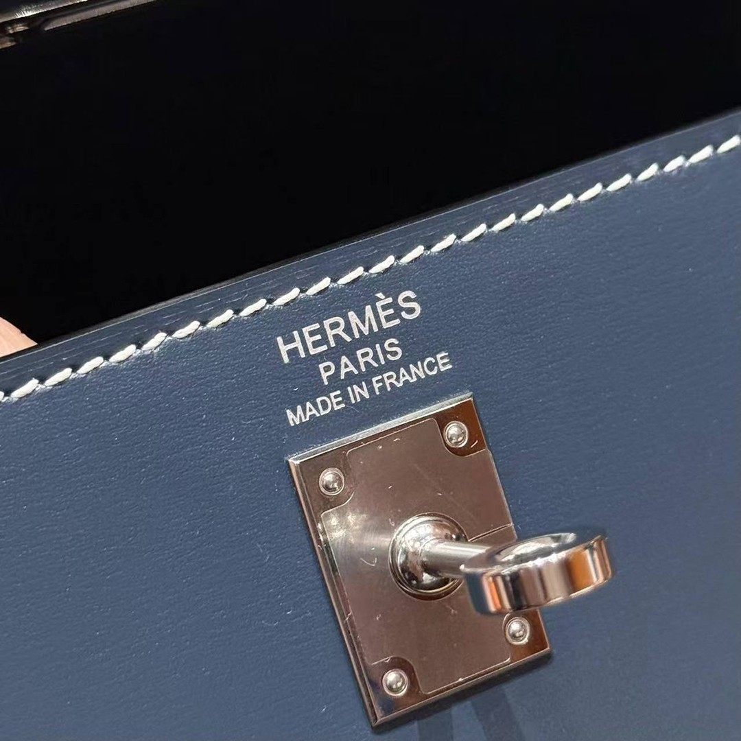 Hermes Kelly 25 Bag Handmade In Box Calfskin Leather Silver Hardware 7P Blue Presse - Image 17