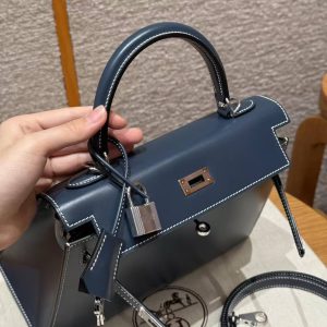 Hermes Kelly 25 Bag Handmade In Box Calfskin Leather Silver Hardware 7P Blue Presse - Image 14