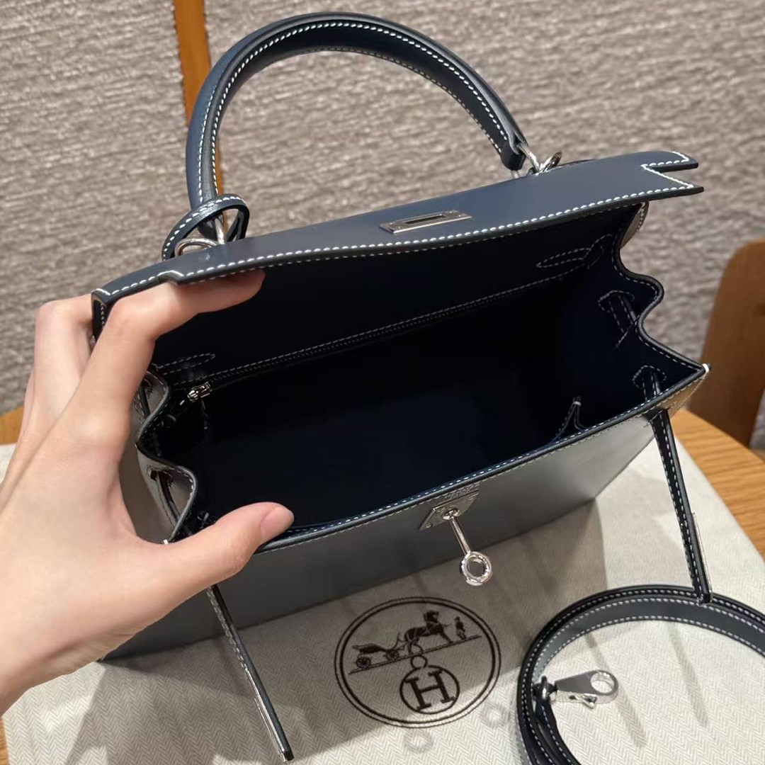 Hermes Kelly 25 Bag Handmade In Box Calfskin Leather Silver Hardware 7P Blue Presse - Image 13