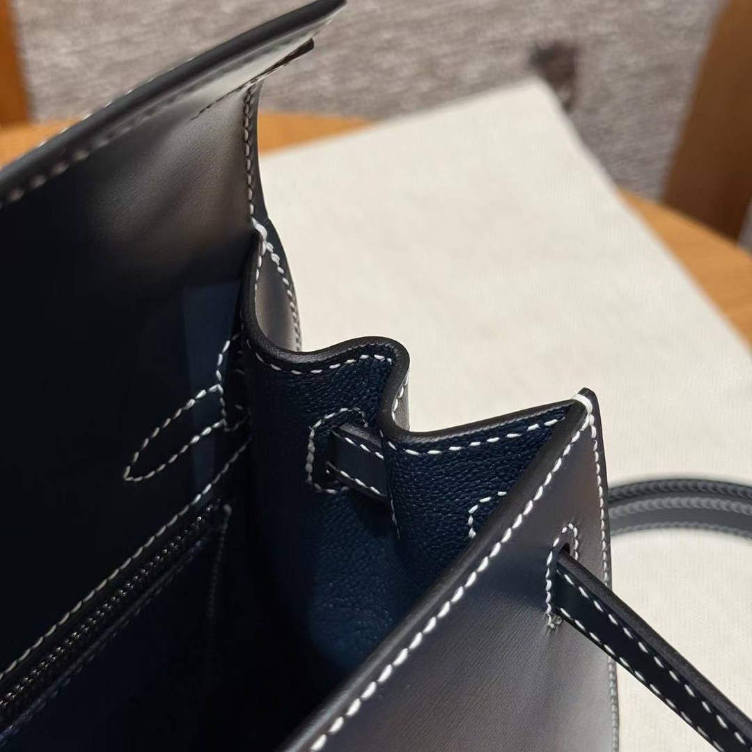 Hermes Kelly 25 Bag Handmade In Box Calfskin Leather Silver Hardware 7P Blue Presse - Image 12