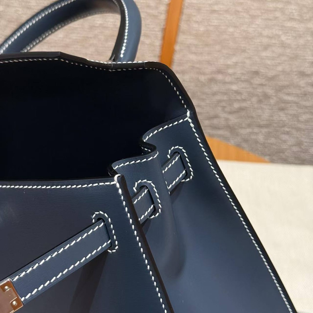 Hermes Kelly 25 Bag Handmade In Box Calfskin Leather Silver Hardware 7P Blue Presse - Image 11