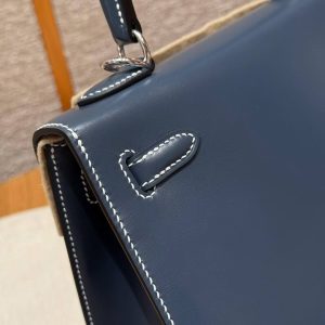 Hermes Kelly 25 Bag Handmade In Box Calfskin Leather Silver Hardware 7P Blue Presse - Image 10