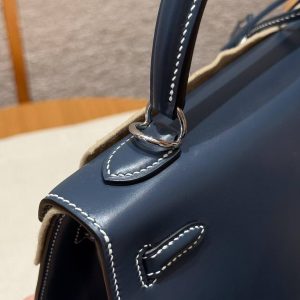 Hermes Kelly 25 Bag Handmade In Box Calfskin Leather Silver Hardware 7P Blue Presse - Image 9