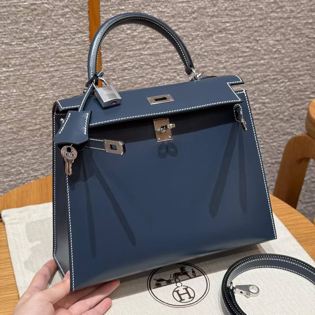 Hermes Kelly 25 Bag Handmade In Box Calfskin Leather Silver Hardware 7P Blue Presse - Image 3