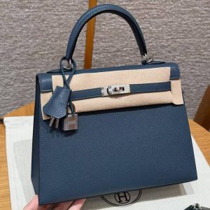 Hermes Kelly 25 Bag Handmade In Epsom Calfskin Leather Silver Hardware 7P Blue Presse