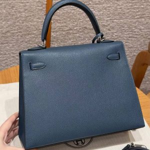 Hermes Kelly 25 Bag Handmade In Epsom Calfskin Leather Silver Hardware 7P Blue Presse - Image 2