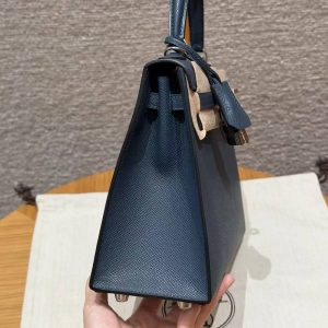 Hermes Kelly 25 Bag Handmade In Epsom Calfskin Leather Silver Hardware 7P Blue Presse - Image 19