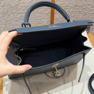 Hermes Kelly 25 Bag Handmade In Epsom Calfskin Leather Silver Hardware 7P Blue Presse - Image 16