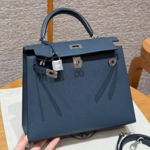 Hermes Kelly 25 Bag Handmade In Epsom Calfskin Leather Silver Hardware 7P Blue Presse - Image 12
