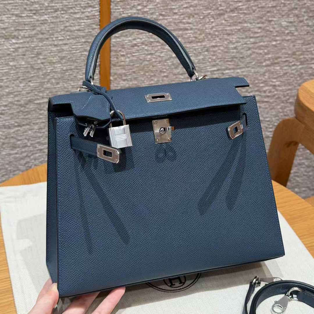 Hermes Kelly 25 Bag Handmade In Epsom Calfskin Leather Silver Hardware 7P Blue Presse - Image 12