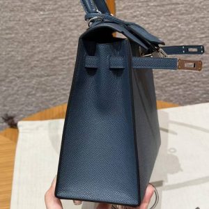 Hermes Kelly 25 Bag Handmade In Epsom Calfskin Leather Silver Hardware 7P Blue Presse - Image 11