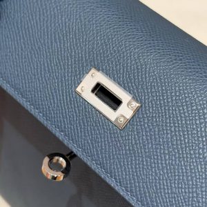 Hermes Kelly 25 Bag Handmade In Epsom Calfskin Leather Silver Hardware 7P Blue Presse - Image 10