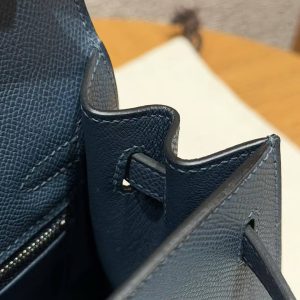 Hermes Kelly 25 Bag Handmade In Epsom Calfskin Leather Silver Hardware 7P Blue Presse - Image 9