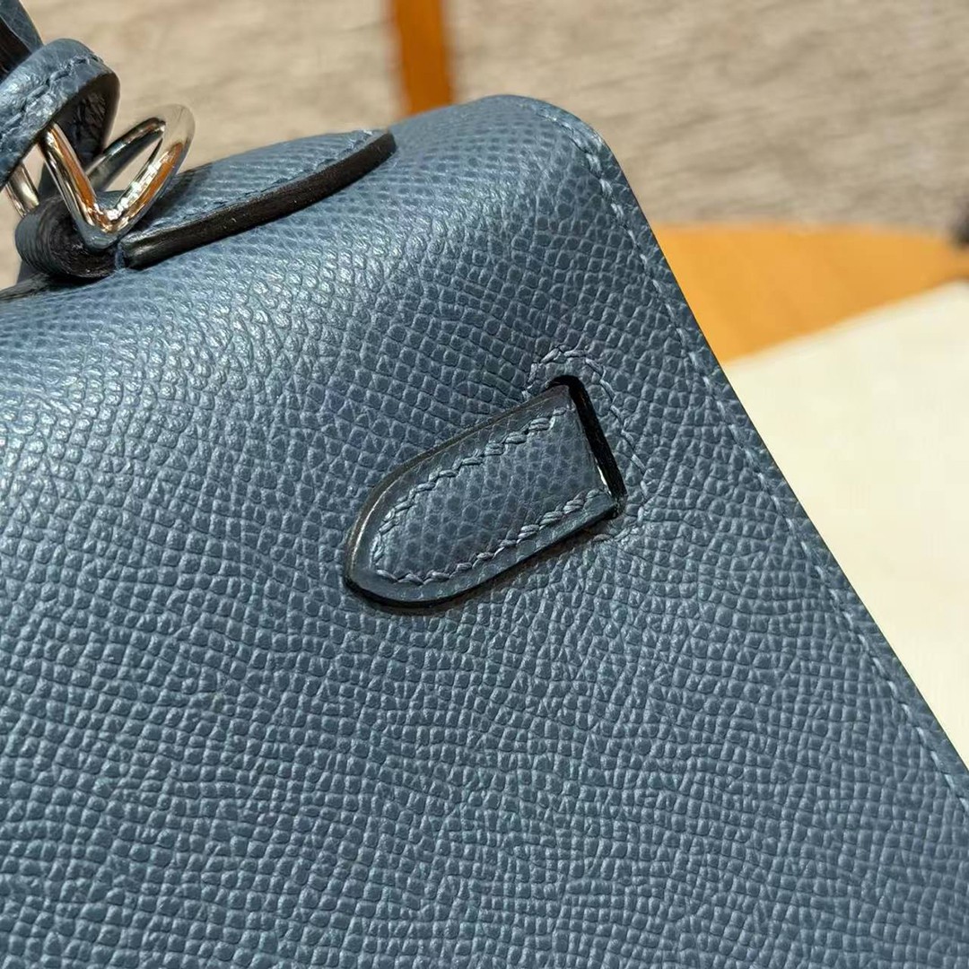 Hermes Kelly 25 Bag Handmade In Epsom Calfskin Leather Silver Hardware 7P Blue Presse - Image 7