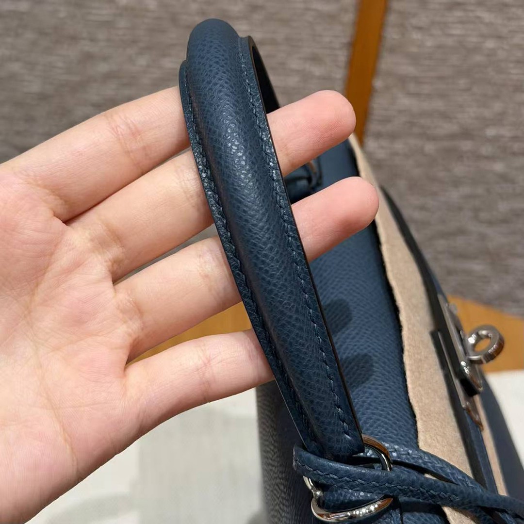 Hermes Kelly 25 Bag Handmade In Epsom Calfskin Leather Silver Hardware 7P Blue Presse - Image 5