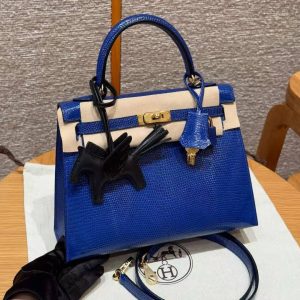 Hermes Kelly 25 Bag Handmade In Lizard Leather From South Africa Gold Hardware 7T Blue Electric