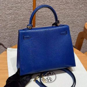 Hermes Kelly 25 Bag Handmade In Lizard Leather From South Africa Gold Hardware 7T Blue Electric - Image 2