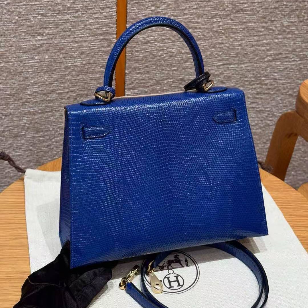 Hermes Kelly 25 Bag Handmade In Lizard Leather From South Africa Gold Hardware 7T Blue Electric - Image 2