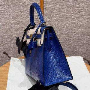 Hermes Kelly 25 Bag Handmade In Lizard Leather From South Africa Gold Hardware 7T Blue Electric - Image 18