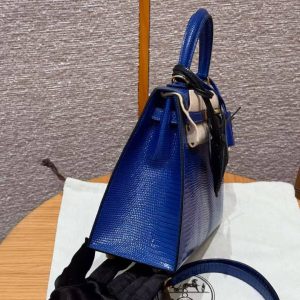 Hermes Kelly 25 Bag Handmade In Lizard Leather From South Africa Gold Hardware 7T Blue Electric - Image 17