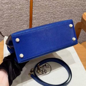 Hermes Kelly 25 Bag Handmade In Lizard Leather From South Africa Gold Hardware 7T Blue Electric - Image 16
