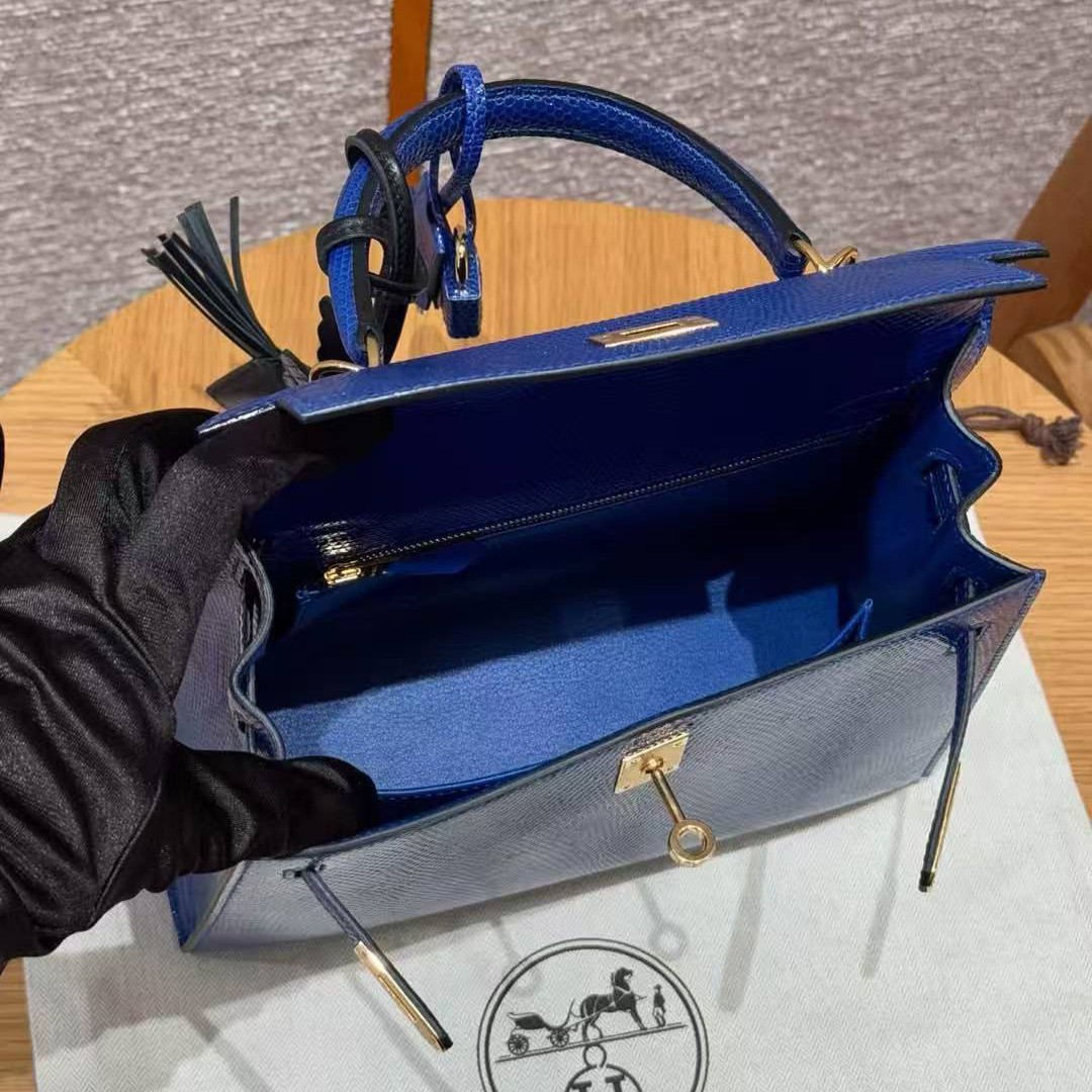 Hermes Kelly 25 Bag Handmade In Lizard Leather From South Africa Gold Hardware 7T Blue Electric - Image 14