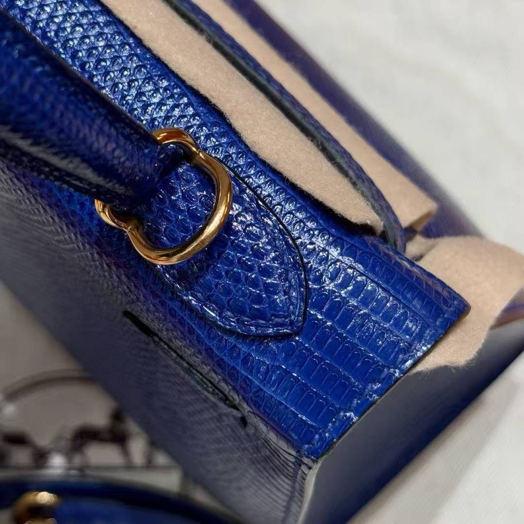 Hermes Kelly 25 Bag Handmade In Lizard Leather From South Africa Gold Hardware 7T Blue Electric - Image 12