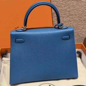 Hermes Kelly 25 Bag Handmade In Epsom Calfskin Leather Silver Hardware 7W Blue Izmir - Image 18