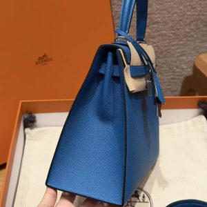 Hermes Kelly 25 Bag Handmade In Epsom Calfskin Leather Silver Hardware 7W Blue Izmir - Image 17