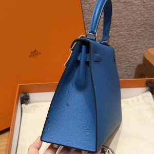 Hermes Kelly 25 Bag Handmade In Epsom Calfskin Leather Silver Hardware 7W Blue Izmir - Image 16
