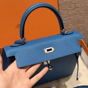 Hermes Kelly 25 Bag Handmade In Epsom Calfskin Leather Silver Hardware 7W Blue Izmir - Image 12