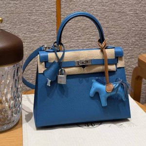 Hermes Kelly 25 Bag Handmade In Epsom Calfskin Leather Silver Hardware 7W Blue Izmir - Image 10