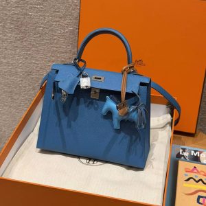Hermes Kelly 25 Bag Handmade In Epsom Calfskin Leather Silver Hardware 7W Blue Izmir - Image 9