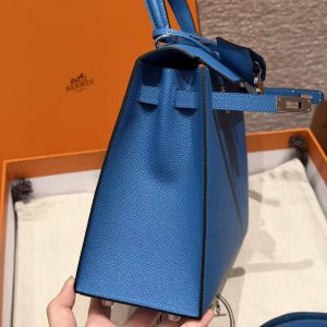 Hermes Kelly 25 Bag Handmade In Epsom Calfskin Leather Silver Hardware 7W Blue Izmir - Image 8
