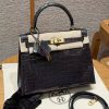 Hermes Kelly 25 Bag Handmade In Niloticus Leather from Nile Gold Hardware 88 Graphite