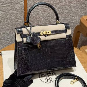 Hermes Kelly 25 Bag Handmade In Niloticus Leather from Nile Gold Hardware 88 Graphite