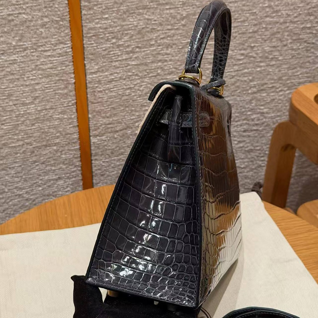 Hermes Kelly 25 Bag Handmade In Niloticus Leather from Nile Gold Hardware 88 Graphite - Image 20
