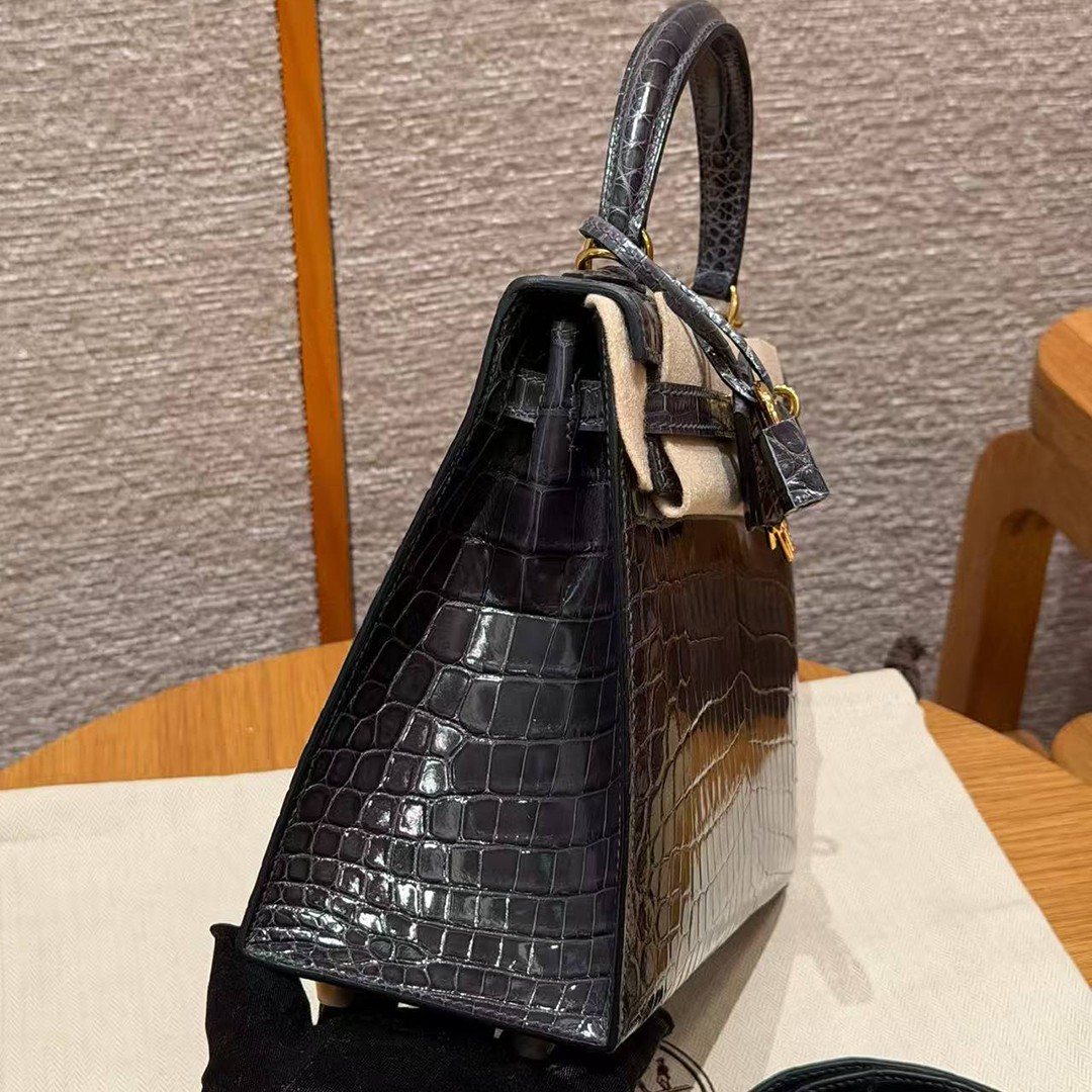 Hermes Kelly 25 Bag Handmade In Niloticus Leather from Nile Gold Hardware 88 Graphite - Image 19