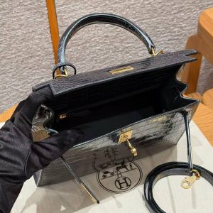 Hermes Kelly 25 Bag Handmade In Niloticus Leather from Nile Gold Hardware 88 Graphite - Image 18