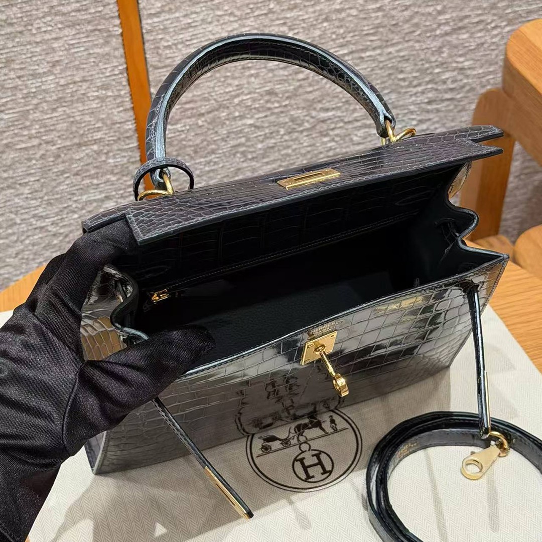 Hermes Kelly 25 Bag Handmade In Niloticus Leather from Nile Gold Hardware 88 Graphite - Image 18