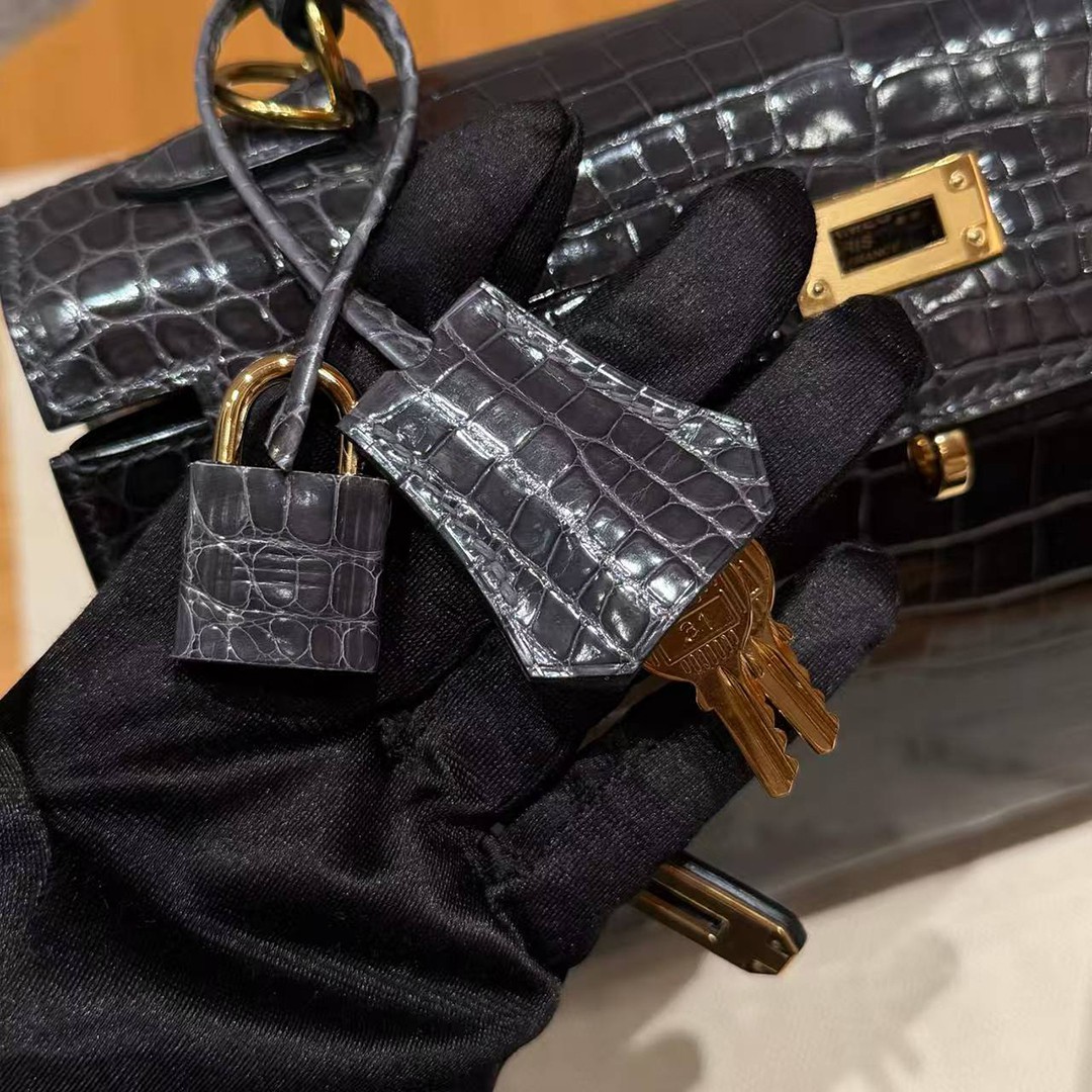 Hermes Kelly 25 Bag Handmade In Niloticus Leather from Nile Gold Hardware 88 Graphite - Image 15