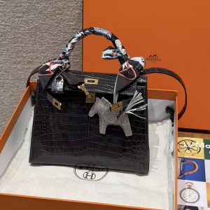 Hermes Kelly 25 Bag Handmade In Niloticus Leather from Nile Gold Hardware 88 Graphite - Image 14