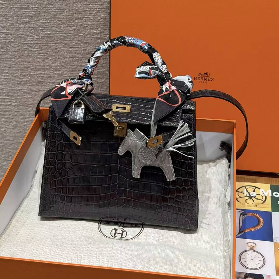 Hermes Kelly 25 Bag Handmade In Niloticus Leather from Nile Gold Hardware 88 Graphite - Image 14