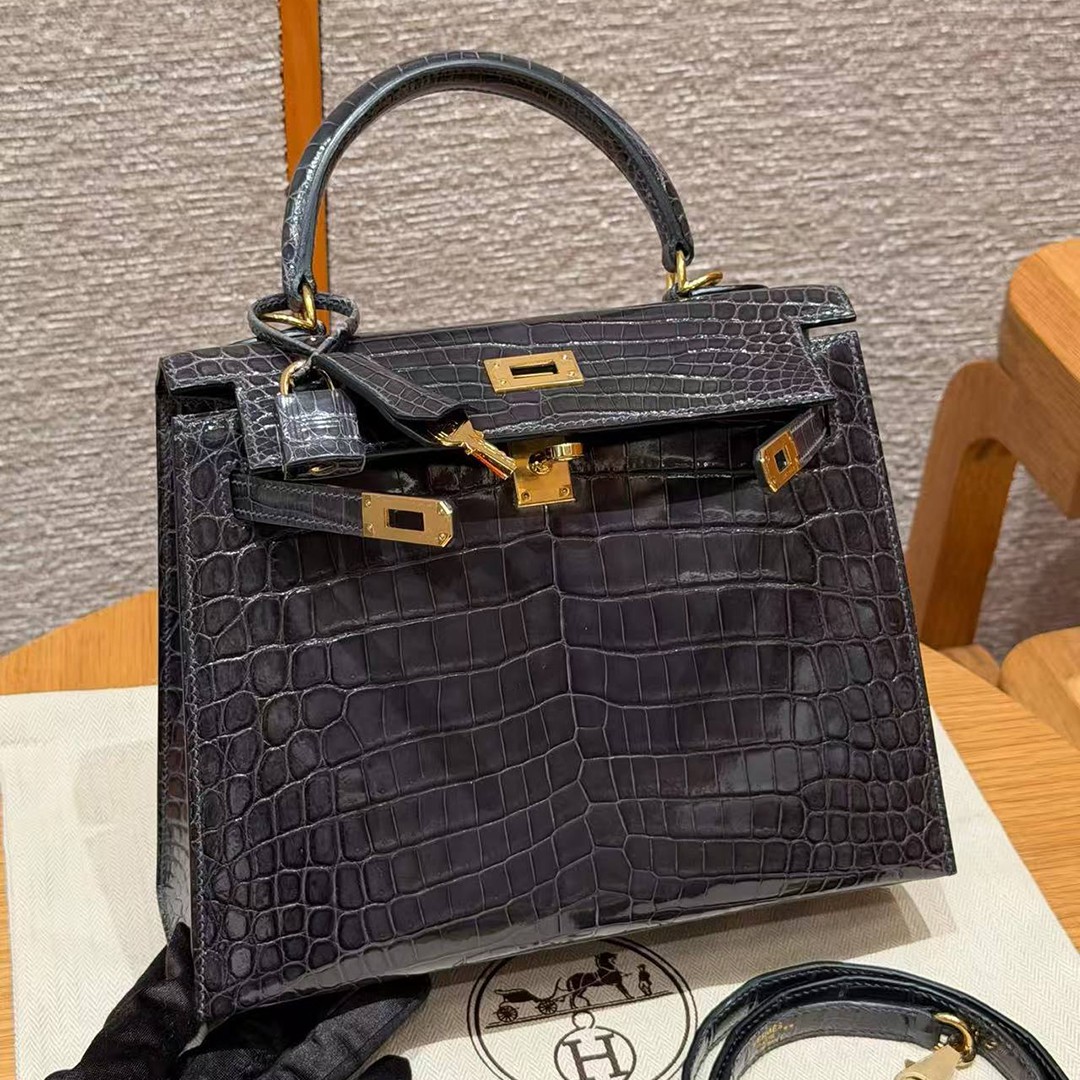 Hermes Kelly 25 Bag Handmade In Niloticus Leather from Nile Gold Hardware 88 Graphite - Image 13